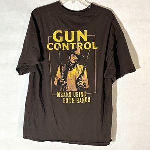 John Wayne Open Range Collection "Gun Control" Brown Yellow T Shirt Tee